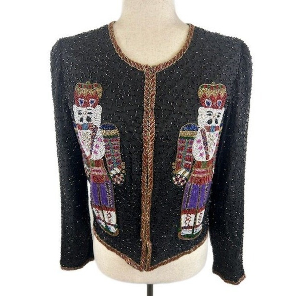 Laurence Kazar New York Sequin Beaded Nutcracker Black Silk Jacket Size Small